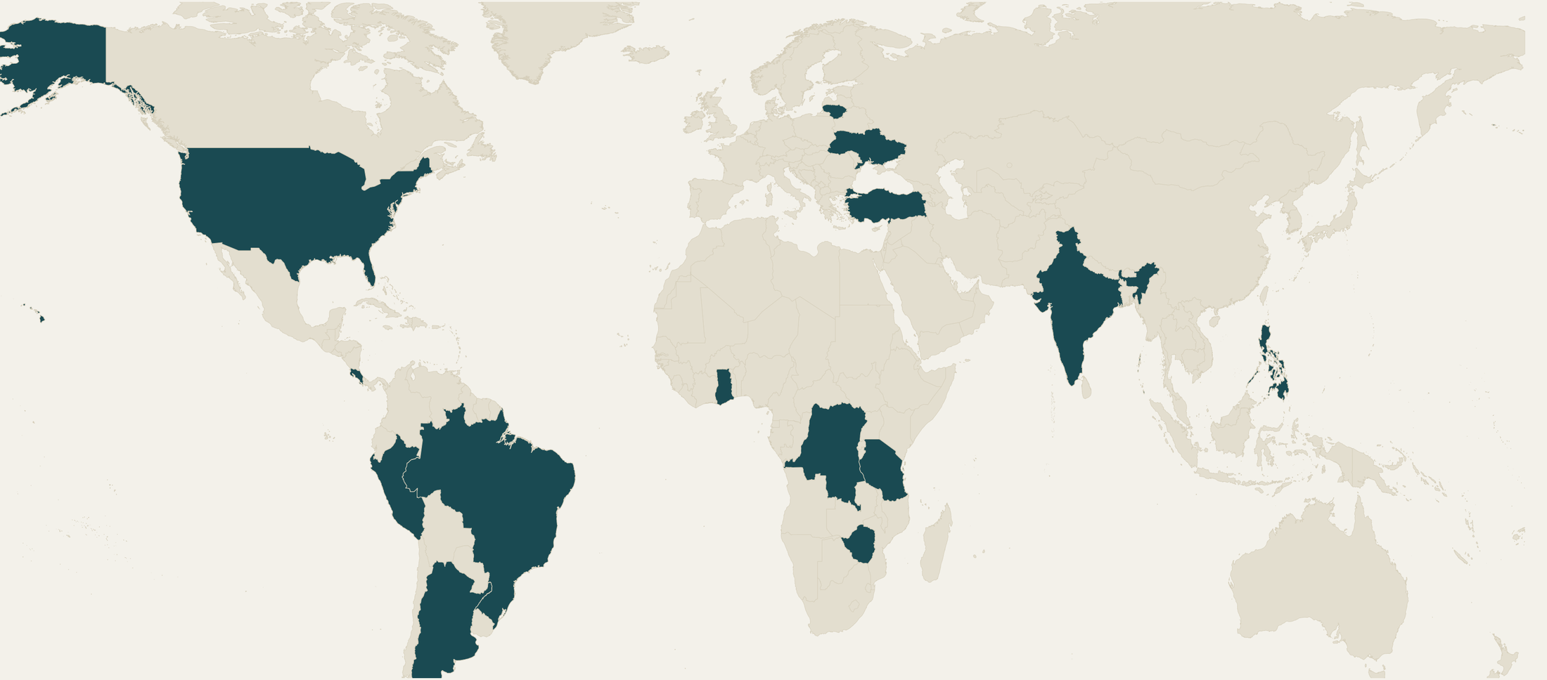 World map highlighting the countries where unspoken margin has worked alongside partner organizations